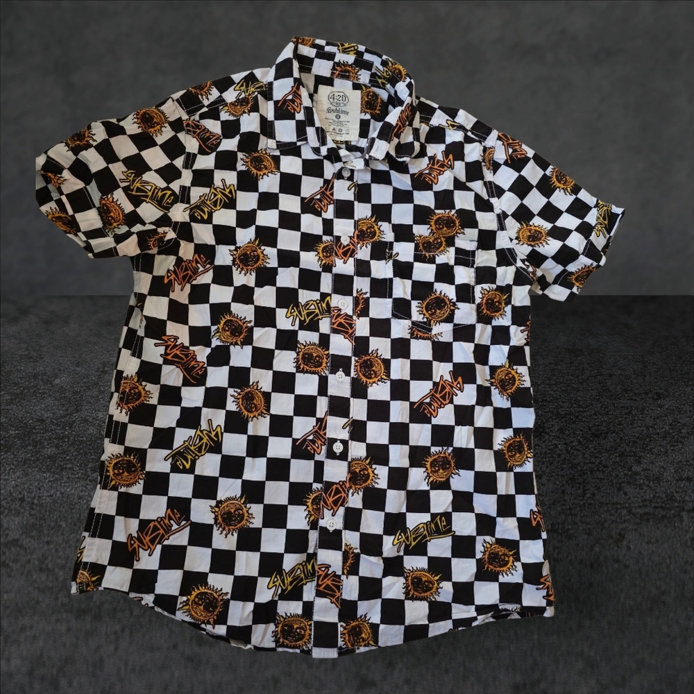 Button Up Shirt S/S Black & White Checkered Yellow Suns AOP. Band SUBLIME